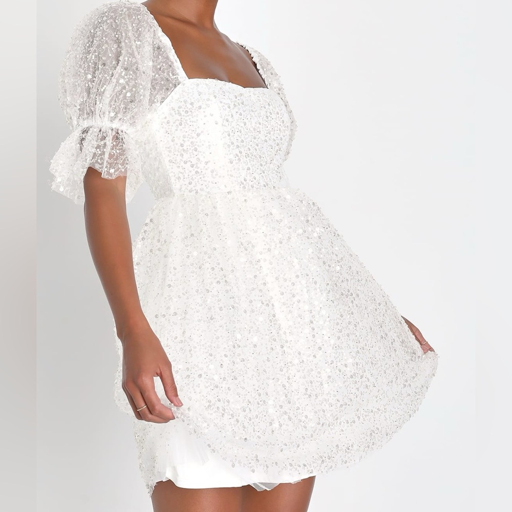 Lulus Magic Sparkle White Beaded Puff Sleeve Mini Dress